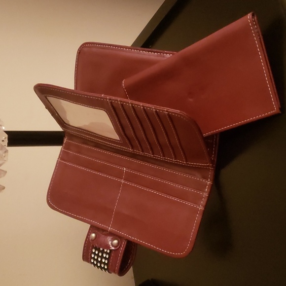 Red Textured Leather Wallet with Rhinestone Magnetic Snap Closure - Picture 10 of 14